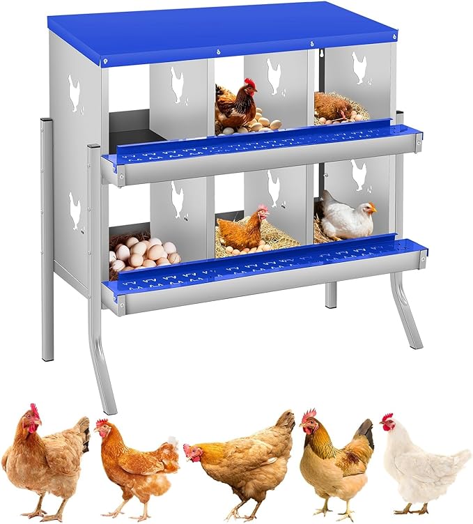 GarveeLife Chicken Nesting Box, 6 Compartments Nesting Box for Chickens, Two-Tier Galvanized Steel Chicken Egg Laying Box with Large Vented Holes Wall Mounting for Easy Egg Collection