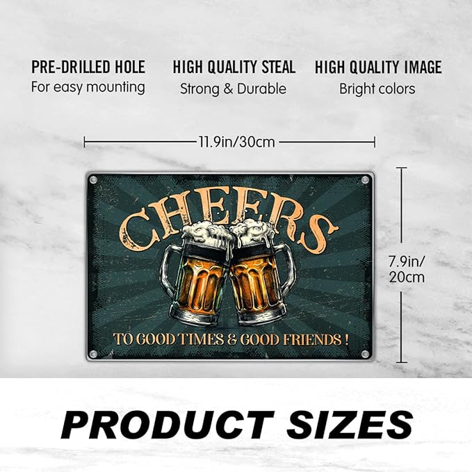 Vintage Bar Decor Pub Cheers Metal Sign 12 x 8 Inch Wall Decoration For Man Cave Home Beer Lovers To Good Times And Friends Plaque Art Aluminum Outdoor Kitchen Indoor