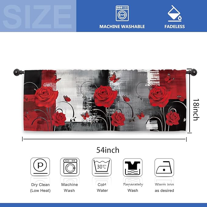 Black Red Rose Kitchen Curtain Valance 54W x 18L Inch Brushstroke Abstract Art Romantic Rod Pocket Short Cafe Small Window Treatment Drapes Decor