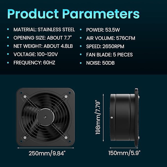 HG Power 8 Inch Exhaust Fan with Speed Controller, 567 CFM Kitchen Exhaust Fan with Damper, Metal Extractor Fan for Window, Attic, Ceiling, Basement Ventilation