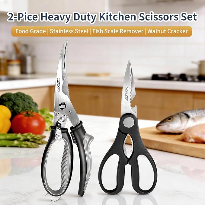 2-Piece Kitchen Scissors Set - Heavy Duty Detachable Food Grade Poultry Shears for Chicken Bones/Fish Scale & Lightweight Multi-Function Shears with Bottle Opener/Walnut Cracker/Vegetables/Meat