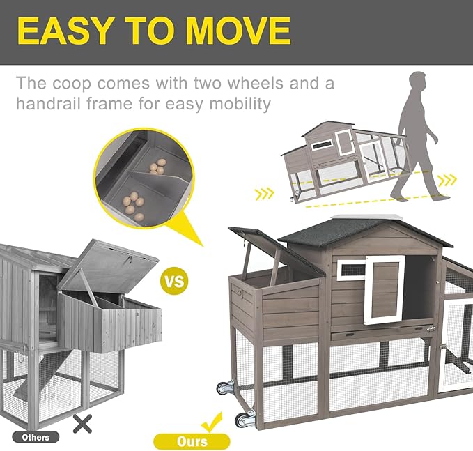 Chicken Coop Large Wooden Chicken Tractor - with Wheels Waterproof Outdoor Hen House Poultry Cage Back Yard Chicken Coops with Run, Laying Boxes, and Removable Tray, for Chickens, Ducks, Rabbits