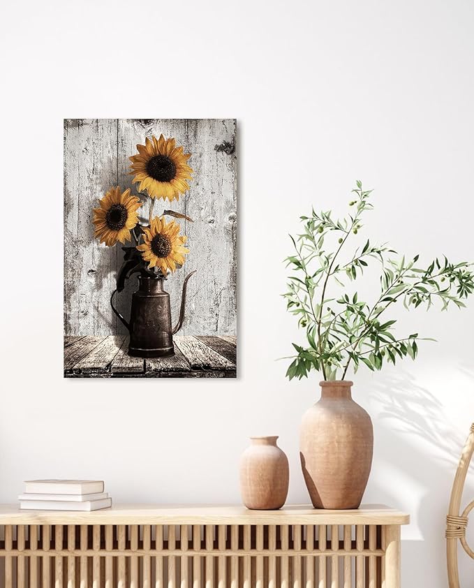 Sunflower Pictures Farmhouse Wall Art: Rustic Sunflower Paintings Canvas Wall Art for Kitchen,Yellow Sunflowers Vintage Poster Hanging Country Wall Decor for Home Living Room Bedroom 10x15 Inches