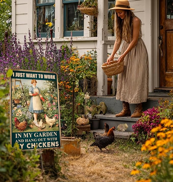 Vintage Garden Sign Funny Chicken Signs Chicken Coop Accessories Rooster Decorations Chicken Gifts Stuff For Farmhouse Garden Decor 8 x 12 Inch