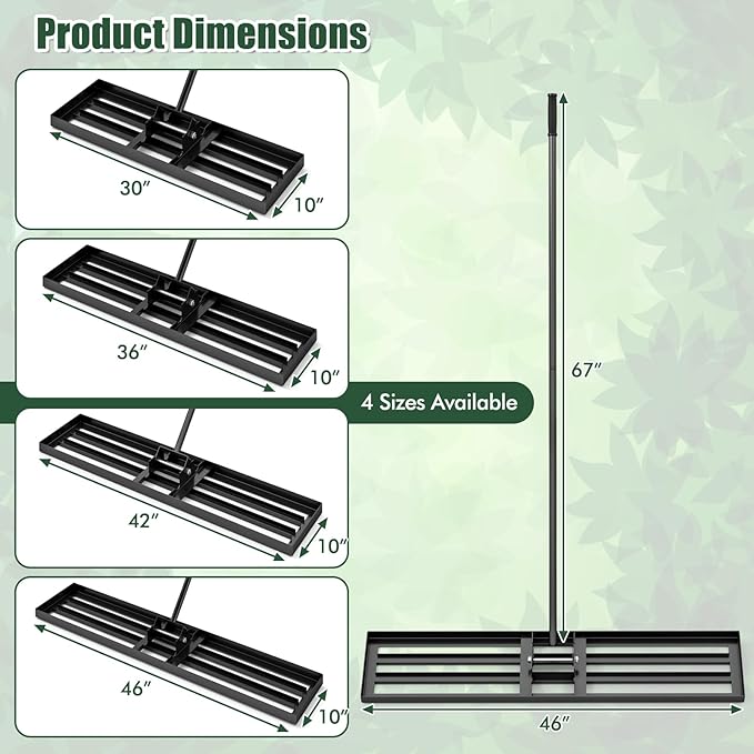Happygrill Lawn Leveling Rake, Heavy Duty Lawn Level Tool for Soil w/67” Handle, Dirt Ground Leveler, Effort-Saving Landscape Rake for Garden, Backyard, Golf Course, Farm, Pasture (46" x 10", Black)