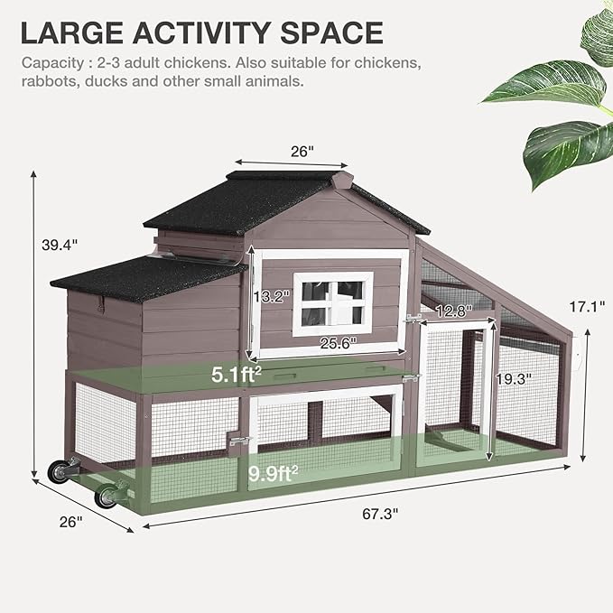 Chicken Coop Expandable Chicken House for Outdoor with Wheels Nesting Box, Leakproof Pull-on Tray, and UV-Resistant Roof Panel - Brown