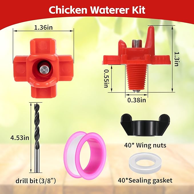 40 Pcs Horizontal Chicken Water Nipples with Drill Bit, Leakproof Poultry Water Nipples, Durable ABS & Stainless Steel, Automatic Chicken Waterer Spouts for Coop Outdoor Use