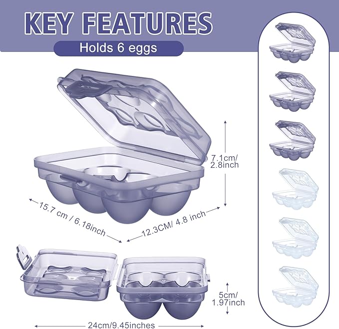 6 Pieces 6 Grid Egg Carton Camping Plastic Portable Egg Box Container for Refrigerator Storage Crisper Holder Carriage Tray(Blue＆transparent)
