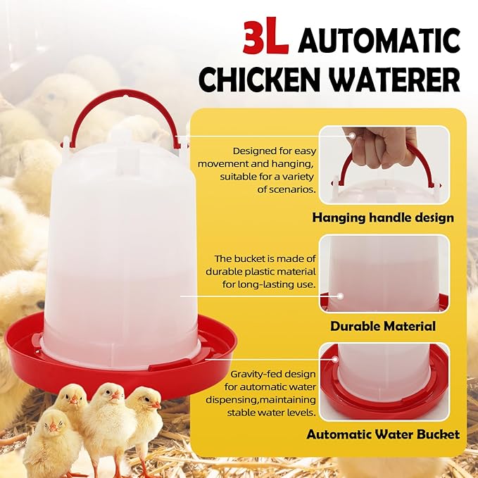 Chicken Feeder and Chicken Waterer Kit Set Automatic Chicken Hanging Poultry Waterer 3L kit-Flip Top Chick Feeder with 16 Feeding Hole