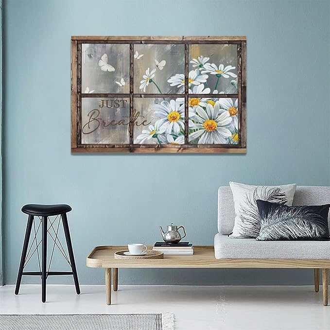 banonaty Daisy Wall Decor Rustic Flower Art Farmhouse Window Daisies Pictures Bathroom Country Butterfly Canvas Prints Just Breath Artwork Home Office Decoration For Kitchen Living Room 24''x16''