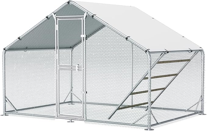 Large Metal Chicken Coop, 10x6.5x6.5FT Chicken Runs for Yard with Cover and Roosting Perch, Split Doors Walk in Chicken Coop