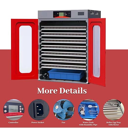 Incubators for Hatching Eggs,1000 Eggs Incubator with Automatic Egg Turning and Humidity Control,Commercial Large Cabinet Hatcher for Chicken, Duck, Quail,Birds Eggs (Red,1000-Egg)