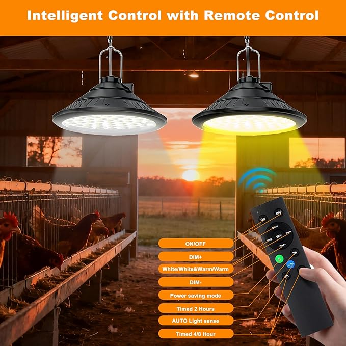 Solar Chicken Coop Light with Timer | 3-Color Dimmable LED, IP66 Waterproof & 16.4ft Cord | Hanging Ceiling Pendant Light for Poultry Farms, Coops(with Solar Panels, Carabiner)