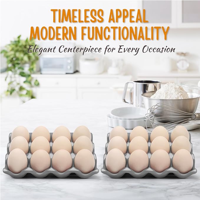 Flexzion 12 Cups Ceramic Egg Holder for Fridge - Dozen Ceramic Egg Tray Porcelain Container Storage Organizer Decorative Serving Stand Serveware for Refrigerator Countertop Display (Gray, 2 Pack)