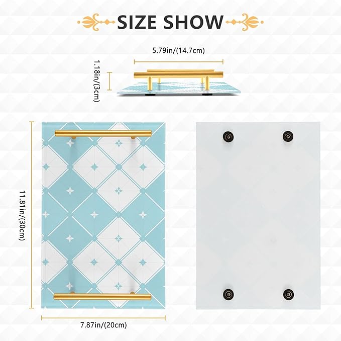 Bathroom Vanity Tray Counter Organizer, Check Blue White Decorative Tray with Handles Countertop Storage for Bathroom Bedroom Kitchen Home Farmhouse