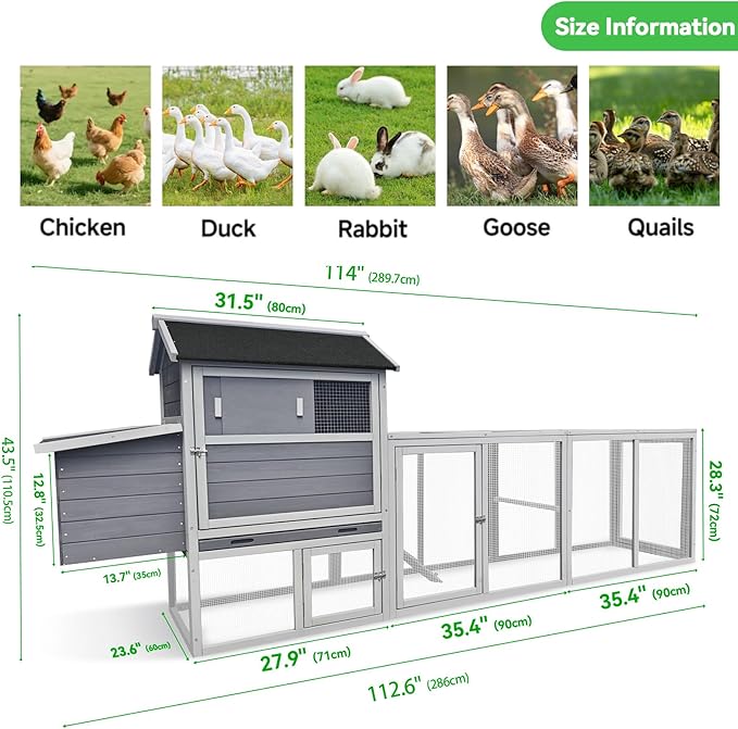 Chicken Coop with Run,Large Outdoor Chicken House with Nesting Box for 2-6 Chickens,Outdoor Wooden Hen House Poultry Pet Hutch Run Cage (Gray+White)