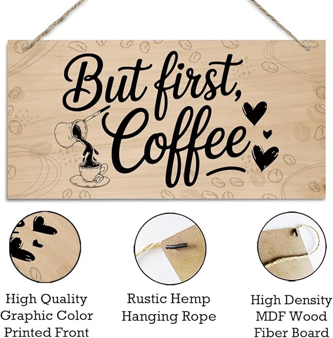 But First Coffee Decorative Sign, Coffee Bar Wooden Hanging Decor Sign, Vintage Kitchen Decor, Retro Wood Grain Decoration, Rustic Wooden Signs for Kitchen Cafe Bar 12 x 6 Inches