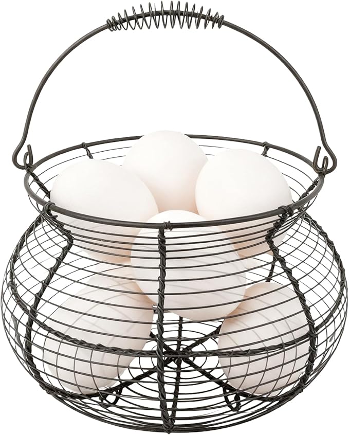 Egg Collecting Basket - Vintage Woven Wire Organizer, Chicken Egg Basket, With Handle Counter Ovum Holder | For Kitchen Counter Farmhouse Garden Harvest Fruit Vegetable Easter Festival