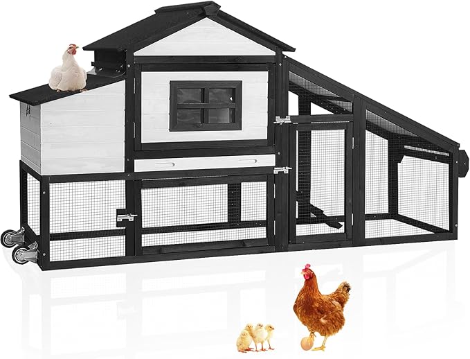 Aivituvin Mobile Chicken Coop with Wheels for 2-4 Chickens, Backyard Expandable Chicken House Duck Cage with Run, 2 Nesting Boxes, Easy Clean Pull-Out Tray, Leak-Resistant Asphalt Roof, 72.3"(Black)