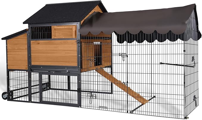 GUTINNEEN Large Chicken Coop with All Around Metal Frame Mobile Hen House with Wheels Weatherproof Duck House with Nesting Box, Outdoor Run, Perch, Leakproof Tray for 6-8 Chickens 85" L