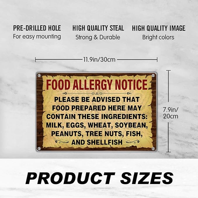 Food Allergy Notice Metal Sign 12 x 8 Inch Restaurant Cafe Kitchen Dining Area Canteen Wall Decor Safety Warning Signage For Preparation Areas Art Home Outdoor Vintage
