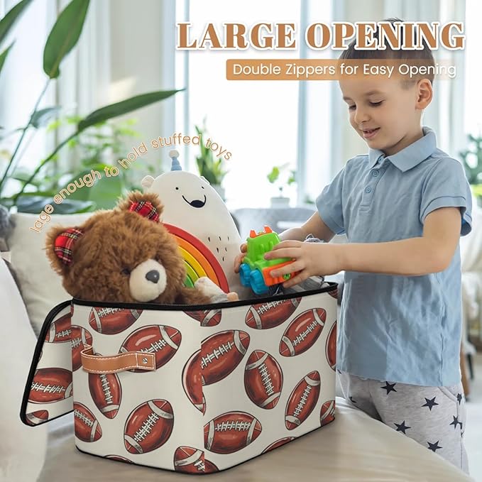 Storage Cubes with Lid Fabric Storage Bins Boxes PU Leather Handles, Rugby Football Closet Organizer Container Foldable Washable Shelf Cloth Basket, Rugby Balls Sport