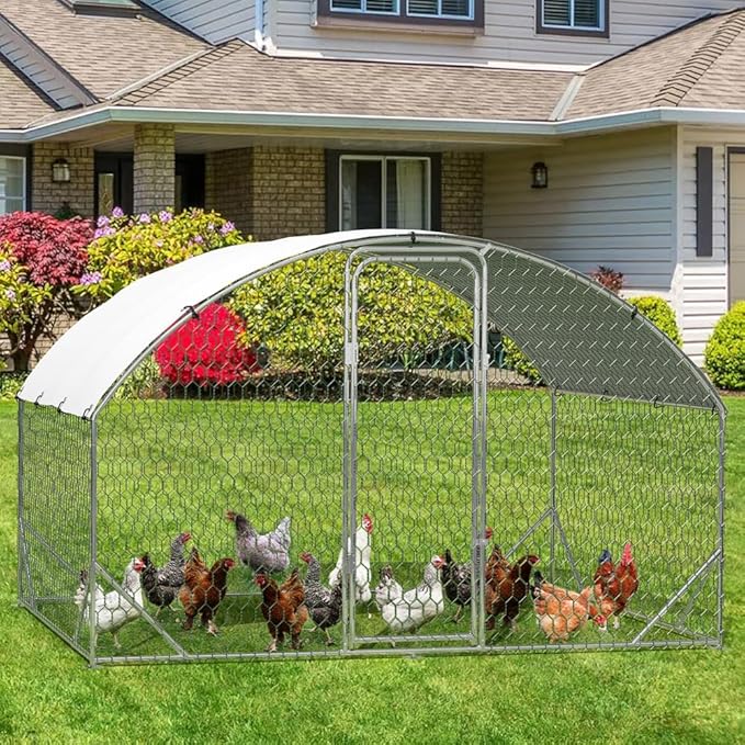 GarveeLife Large Metal Chicken Coop, Dome Shape with Tri-Supporting, Chicken Coop Run with Waterproof and Anti-UV Cover (6.6'L x 9.8'W x 6.6'H)
