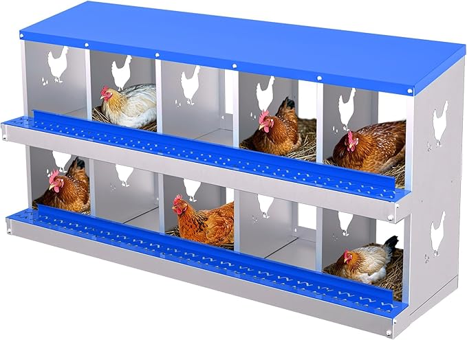 Chicken Nesting Boxes, 10-Hole Roll Away Nest Box for Chicken Coop, Metal Egg Laying Box with Perch & Lid Cover to Protect Eggs, Rollout Egg Collection, Vented Holes Blue