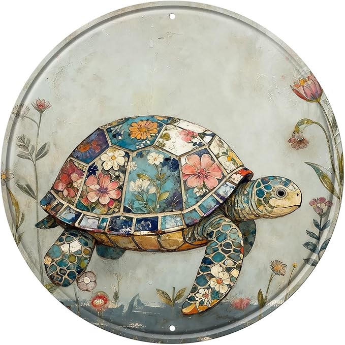 Turtle Round Metal Tin Sign Wreath Farm Flowers Rustic Vintage Wall Art Decor for Farmhouse Garden Backyard Home Outdoor Porch Gate 8x8inch