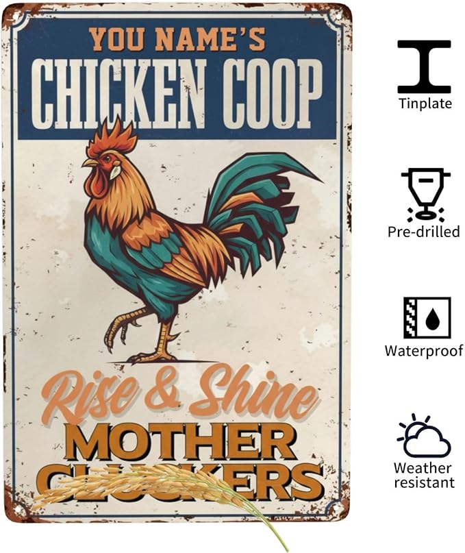 Custom Name Chicken Coop Metal Sign Rise And Shine Mother Cluckers Funny Vintage Tin Plaque Wall Art for Backyard Barn Chicken Coop Home Decor Gift