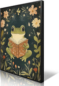 Frog Canvas Wall Art, Green Frog Reading A Book Poster, Rustic Nursery Animal Painting, Cozy Folk Art Print, Farmhouse Botanical Floral Painting for Kids Room 24x36in Framed
