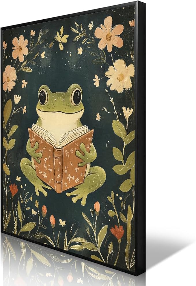 Frog Canvas Wall Art, Green Frog Reading A Book Poster, Rustic Nursery Animal Painting, Cozy Folk Art Print, Farmhouse Botanical Floral Painting for Kids Room 8x12in Unframed