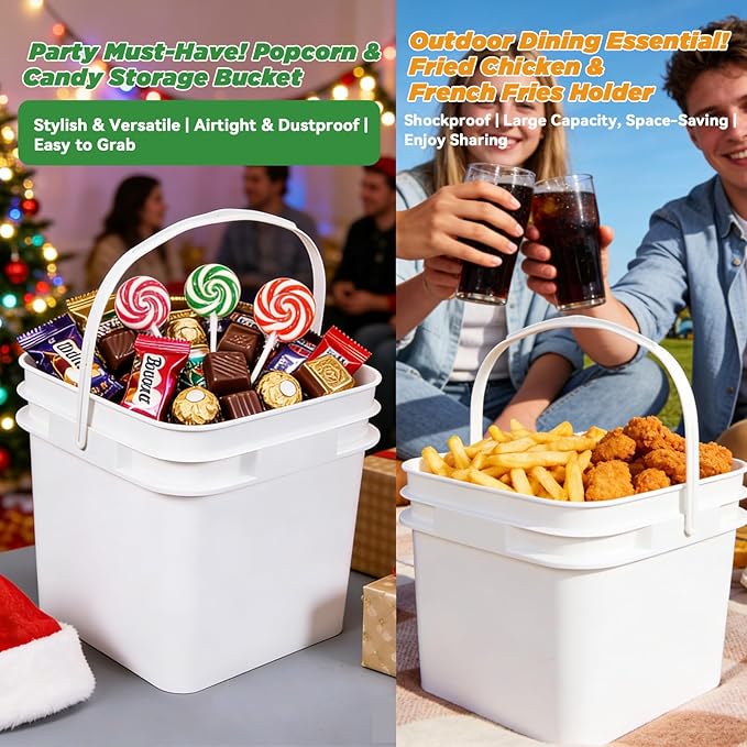 Bucket with Lid - 4 Packs Square Clear Plastic Storage Containers, Food Safe with Handle, Airtight Pressure Lids for Kitchen & Home (White, 34 oz)