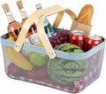 Portable Mesh Harvest Basket - Natural Bamboo Handle Foldable Organizer for Kitchen, Garden & Picnic | Ventilated Storage Bin with Rust-Proof Wire, Space-Saving Farmhouse Decor (Blue)