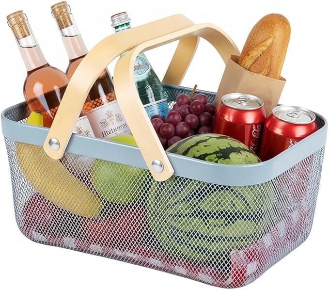 Portable Mesh Harvest Basket - Natural Bamboo Handle Foldable Organizer for Kitchen, Garden & Picnic | Ventilated Storage Bin with Rust-Proof Wire, Space-Saving Farmhouse Decor (Blue)