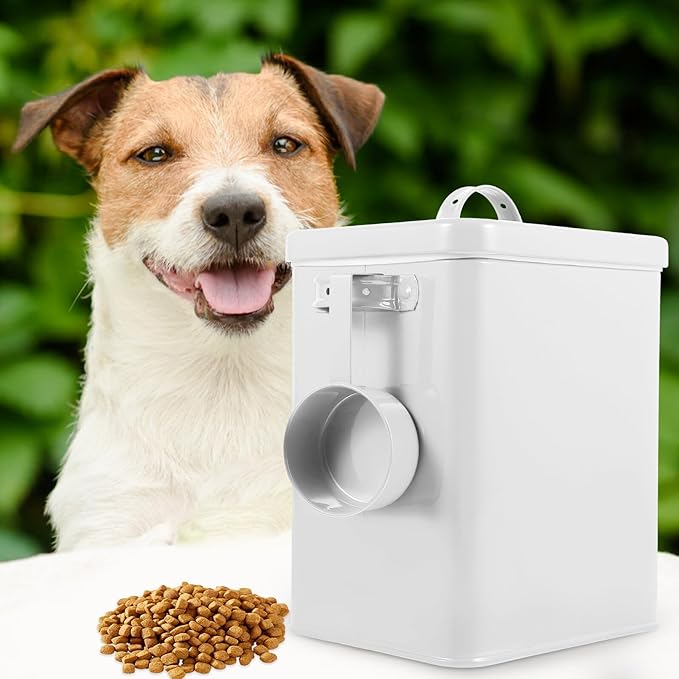 GANAZONO Iron Pet Food Storage Bin with Lid, Airtight Metal Dry Food Canister for Dog Cat, Kitchen Flour Container, Waterproof Sealed Storage Bucket for Laundry Powder and Grain, White