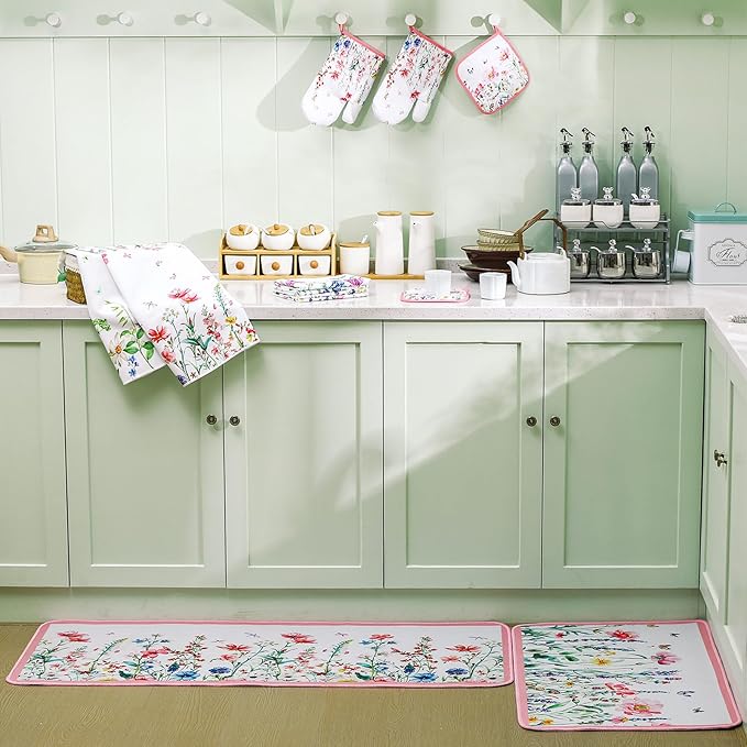 10 Pcs Wildflower Kitchen Dish Towels Rugs Oven Mitts and Pot Holders Set Farmhouse Kitchen Decor Set for Women Mom Daughter Gift Cooking Baking Grilling (Pastel Pink White)
