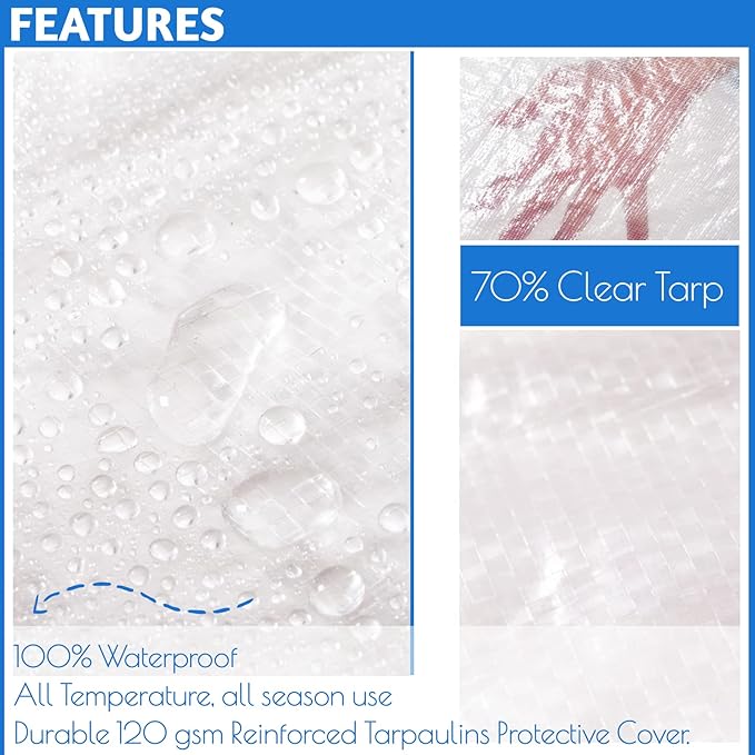 10 x 13 Ft Clear Tarps Heavy Duty Waterproof, 14 mil Thick Translucent Greenhouse Tarp with Grommets, Clear Plastic Tarp Cover for Garden Patio Lawn Plants Boat or Pet Hutch Roof