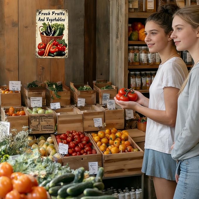 Vegetable Wall Decor Fresh Fruits And Vegetables Metal Tin Sign 12x8 Inch Funny Farmer's Market Tin Poster Retro Home Kitchen Garden Yard Restaurant Wall Decor