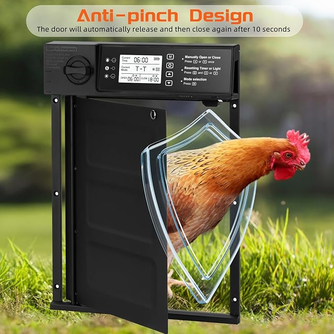 Automatic Chicken Coop Door Solar Powered, Cold Weather Electric Chicken Door Large Size Aluminum Door with Light Sensor & Timer with Power Off Emergency Mode Black