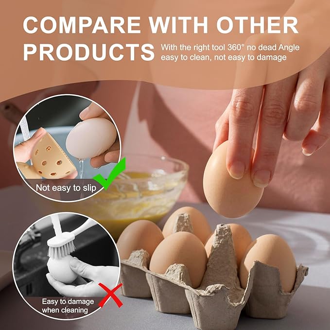4PCS Silicone Egg Cleaner Brush Set, Egg Wash Brush Scrubber for Fresh Eggs Fruits Vegetables, Reusable Non-Scratch Multifunctional Rotating Egg Washer Tool (Brown)