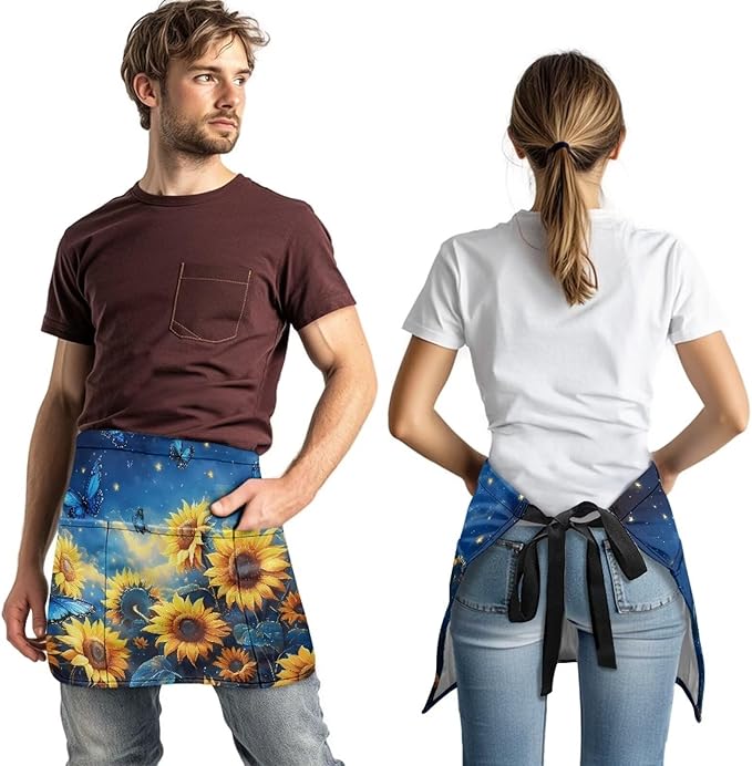 Waist Apron with 3 Pockets Waterproof 13 Inch Short Half Waist Aprons Women Men Server Aprons Waitress Waiter Apron