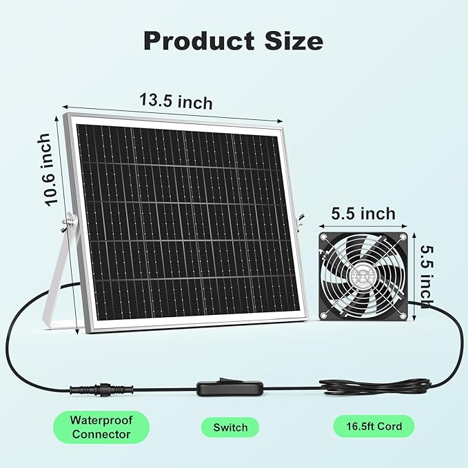 5.5'' Solar Greenhouse Fan 2 Kit, 30W Solar Powered Exhaust and Intake Chicken Coop Fan, Strong Airflow & Waterproof, 16.5 ft Cord, for Outdoor Shed Doghouse Air Circulation and Ventilation