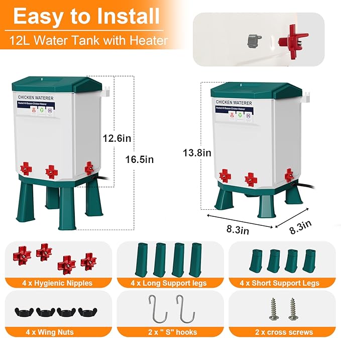 Heated Chicken Waterer 3.2 Gallon, Winter Water Heater, Freeze Proof Chicken Waterer, 4 Nipples for Clean Water，Detachable Legs, Adjustable Height for Chickens, Pigeons, Beaked Poultry