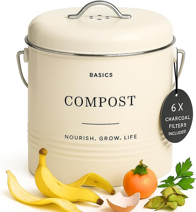 D'Lifeful Kitchen Compost Bin – 1.3 Gallon Countertop Farmhouse Compost Container with Lid – Odorless Indoor Food Scrap Pail with 6 Charcoal Filters – Eco-Conscious and Easy to Clean - Cream