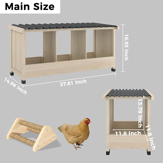 Chicken Nesting Box, 3 Holes Wooden Nesting Box, Hens-Wall Mounted or Floor Use, Chicken Coop Accessorie with PVC Roofing, Preventing Egg Falls, Easy to Assemble, Backyard and Farms