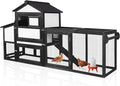 GUTINNEEN Mobile Chicken Coop with Wheels for 2-4 Chickens, Expandable Wooden Hen House with Divided Nesting Box, Reinforced Coop Balcony, Roosting Perch, Metal Pull-Out Tray, 82.4" L (Black ＆ White)