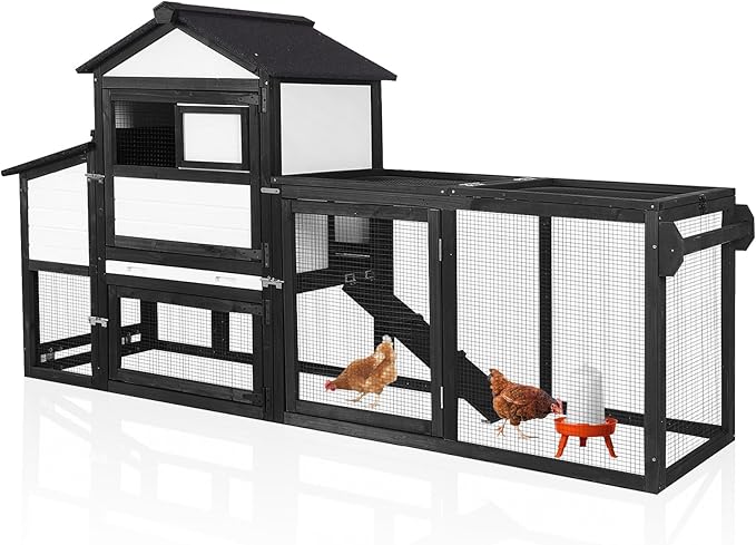 GUTINNEEN Mobile Chicken Coop with Wheels for 2-4 Chickens, Expandable Wooden Hen House with Divided Nesting Box, Reinforced Coop Balcony, Roosting Perch, Metal Pull-Out Tray, 82.4" L (Black ＆ White)