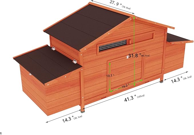 Wooden Chicken Coop for 2-4 Chickens, Large Outdoor Chicken House with Dual Nesting Boxes, Free Range Doors, Leakproof Pull Out Tray, Poultry Hutch for Backyard, Brick Red