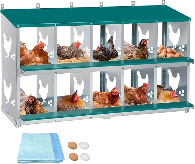 Chicken Nesting Box 10 Compartment with 10 Pet Moisture Pads and 4 Fake Eggs Roll Away Egg Collection, Perch, Lid Cover for Egg Protection - Wall Mount/Free Standing Nest Box for Chickens, Hens, Ducks